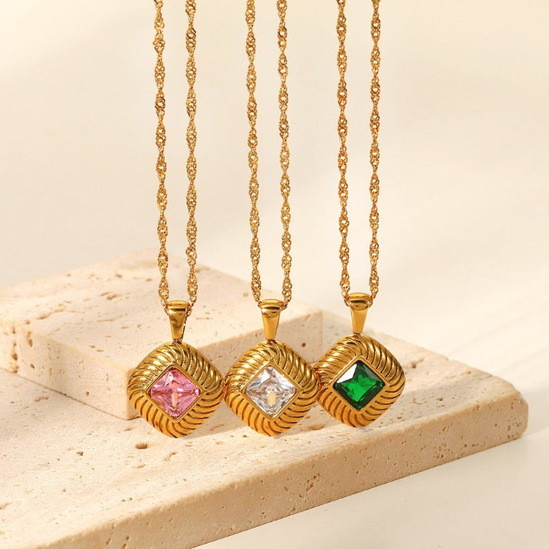 Retro Hip-hop Multicolour  Square Crystal Pendant Necklace